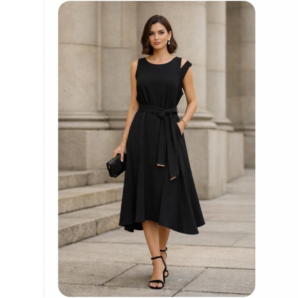 DKNY Elegant Black Asymmetrical Sleeveless Dress”size 14